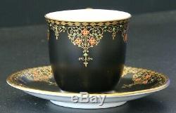 Antique Royal Worcester Demitasse Cup & Saucer Black Satin Jeweled Vintage Deco