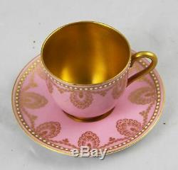 Antique Royal Worcester Jeweled Demitasse Cup & Saucer Pink & Gold Gilt C 890