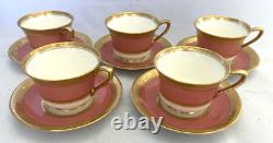 Antique Royal Worcester Pink, Gold & White Demitasse Cups And Saucers Set Of 5
