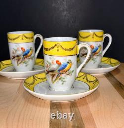 Antique Schumann Bavaria Germany Demitasse Cups & Saucers Parrots, Exotic Birds