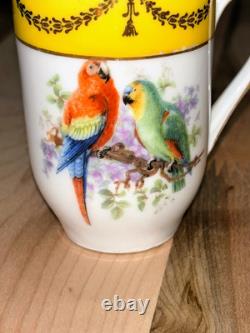 Antique Schumann Bavaria Germany Demitasse Cups & Saucers Parrots, Exotic Birds