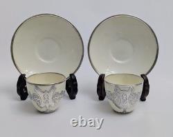 Antique Set Of 2 Mauser Cups And Saucers Silver Overlay