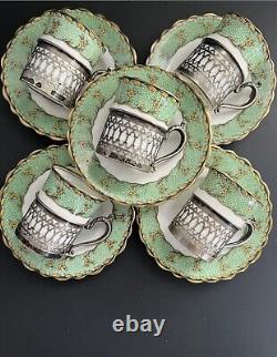 Antique Set Of 5 Aynsley Demitasse Coffeecup Saucer Sterling Silver Reticulated