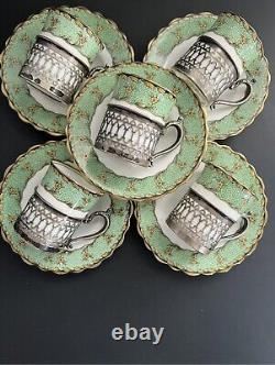 Antique Set Of 5 Aynsley Demitasse Coffeecup Saucer Sterling Silver Reticulated