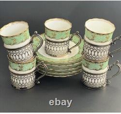 Antique Set Of 5 Aynsley Demitasse Coffeecup Saucer Sterling Silver Reticulated