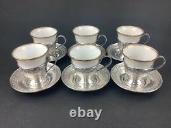 Antique Set of 6 Sterling Silver Demitasse Cups & Saucers with Rosenthal Inserts