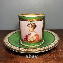 Antique Sevres Style Green & Gold Hand Painted Portrait Porcelain Demitasse Cup