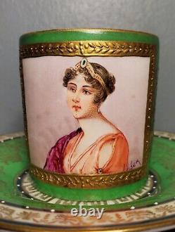 Antique Sevres Style Green & Gold Hand Painted Portrait Porcelain Demitasse Cup