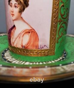 Antique Sevres Style Green & Gold Hand Painted Portrait Porcelain Demitasse Cup