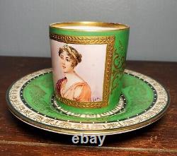 Antique Sevres Style Green & Gold Hand Painted Portrait Porcelain Demitasse Cup