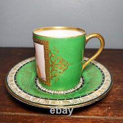 Antique Sevres Style Green & Gold Hand Painted Portrait Porcelain Demitasse Cup