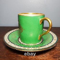 Antique Sevres Style Green & Gold Hand Painted Portrait Porcelain Demitasse Cup