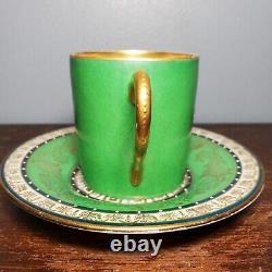 Antique Sevres Style Green & Gold Hand Painted Portrait Porcelain Demitasse Cup