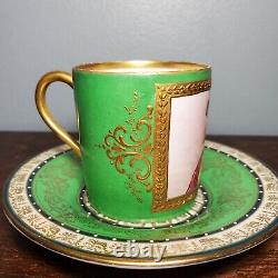 Antique Sevres Style Green & Gold Hand Painted Portrait Porcelain Demitasse Cup