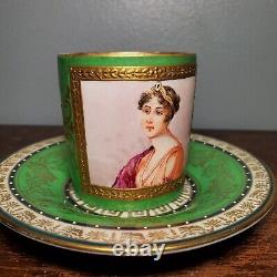 Antique Sevres Style Green & Gold Hand Painted Portrait Porcelain Demitasse Cup