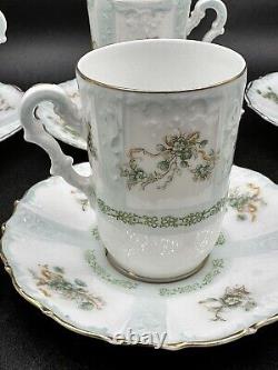 Antique Silesia Germany Hand Painted Embossed Demitasse Chocolate Cups & Saucers
