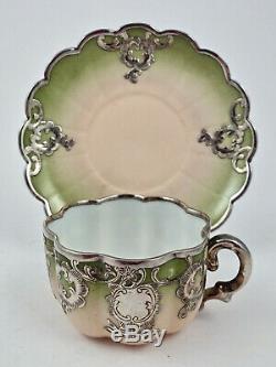 Antique Silver Overlay Demitasse Cup & Saucer, Continental