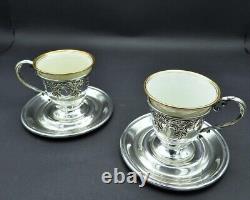 Antique Sterling Silver Demitasse Espresso Cups & Saucers 1922 Pair of 2