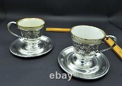 Antique Sterling Silver Demitasse Espresso Cups & Saucers 1922 Pair of 2