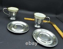 Antique Sterling Silver Demitasse Espresso Cups & Saucers 1922 Pair of 2