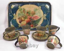 Antique Toleware Demitasse Chocolate Set Fruit 6 Cups & Saucers Tray Germany