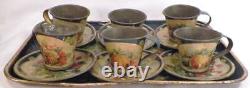 Antique Toleware Demitasse Chocolate Set Fruit 6 Cups & Saucers Tray Germany
