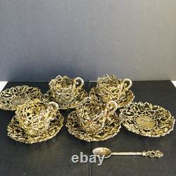 Antique Turkish Turkiye Ormolu 4 Tea Demitasse Cup Holders 6 Saucers 1 Spoon
