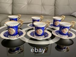 Antique Vintage German GDR Porcelain Demitasse Cups & Saucer Blue Gold Gilded