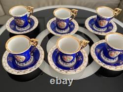 Antique Vintage German GDR Porcelain Demitasse Cups & Saucer Blue Gold Gilded