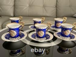 Antique Vintage German GDR Porcelain Demitasse Cups & Saucer Blue Gold Gilded