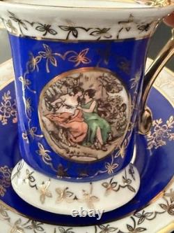Antique Vintage German GDR Porcelain Demitasse Cups & Saucer Blue Gold Gilded