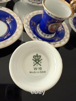 Antique Vintage German GDR Porcelain Demitasse Cups & Saucer Blue Gold Gilded
