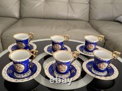 Antique Vintage German GDR Porcelain Demitasse Cups & Saucer Blue Gold Gilded