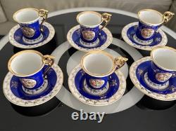 Antique Vintage German GDR Porcelain Demitasse Cups & Saucer Blue Gold Gilded
