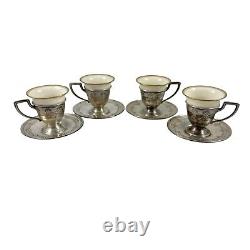 Antique WH Saart Sterling Silver Set 4 Demitasse Cups Saucers Lenox Liners WHSCO
