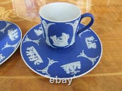 Antique Wedgwood Blue Dip Jasperware Cameo Demitasse Coffee Set 6 Cups & Saucers
