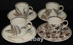 Antique Wedgwood Brown Transfer Aesthetic Botanical Demitasse Cups & Saucers