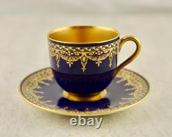 Antique c1925 Art Deco Royal Worcester blue/gilt jewelled demitasse cup & saucer