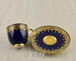 Antique c1925 Art Deco Royal Worcester blue/gilt jewelled demitasse cup & saucer
