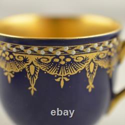 Antique c1925 Art Deco Royal Worcester blue/gilt jewelled demitasse cup & saucer
