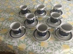 Arabia Anemone Blue 8 Cups/saucers Signed. Vintage Excellent Condition