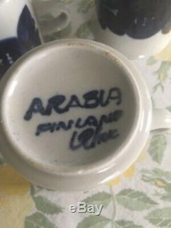 Arabia Anemone Blue 8 Cups/saucers Signed. Vintage Excellent Condition