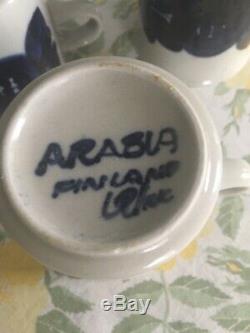 Arabia Anemone Blue 8 Demitasse Cups/saucers Signed. Vintage Excellent Condition