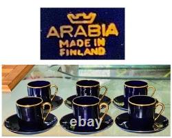 Arabia Cobalt Blue Demitasse Tea Cups And Saucers Gold Trim Set Of 6 Rare