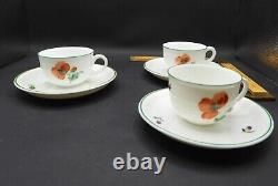 Augarten Wein Hand Painted Porcelain Poppy Demitasse Cups & Saucers Set 3 1930s