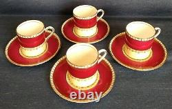 Aynsley B3736 Set of 4 DEMITASSE FLAT CUPS and SAUCERS Cranberry & Gold