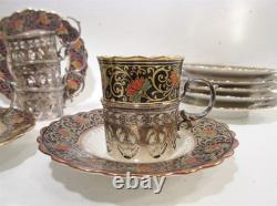Aynsley Bone China Birks Sterling Silver 7 Jeweled Demitasse Cups Saucers B3081