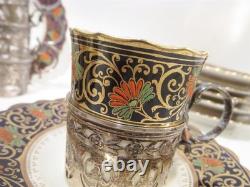 Aynsley Bone China Birks Sterling Silver 7 Jeweled Demitasse Cups Saucers B3081