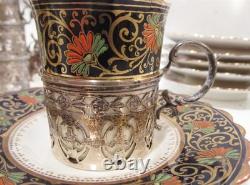Aynsley Bone China Birks Sterling Silver 7 Jeweled Demitasse Cups Saucers B3081