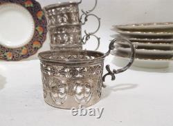 Aynsley Bone China Birks Sterling Silver 7 Jeweled Demitasse Cups Saucers B3081